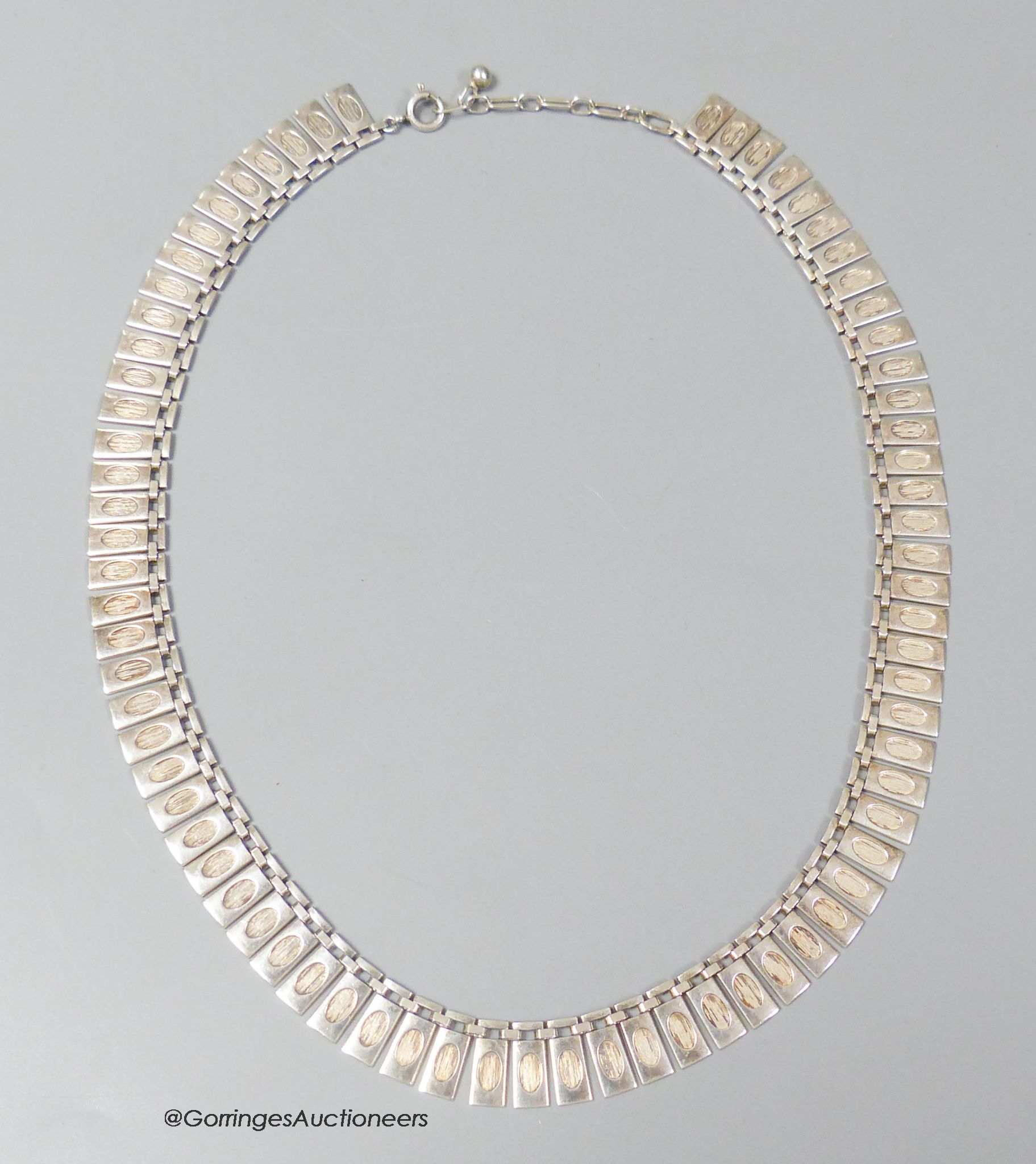 A modern white metal, stamped sterling silver, fringe necklace, 36cm.